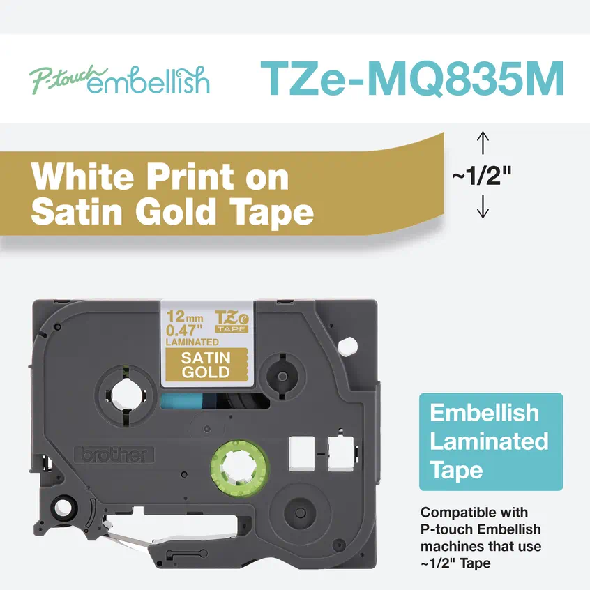 

Brother P-Touch Embellish White Print on Satin Gold Laminated Tape 12mm (~1/2") x 4m