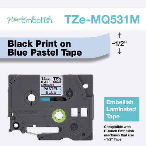 

Brother P-Touch Embellish Black on Pastel Blue Tape 12mm (~1/2") x 4m