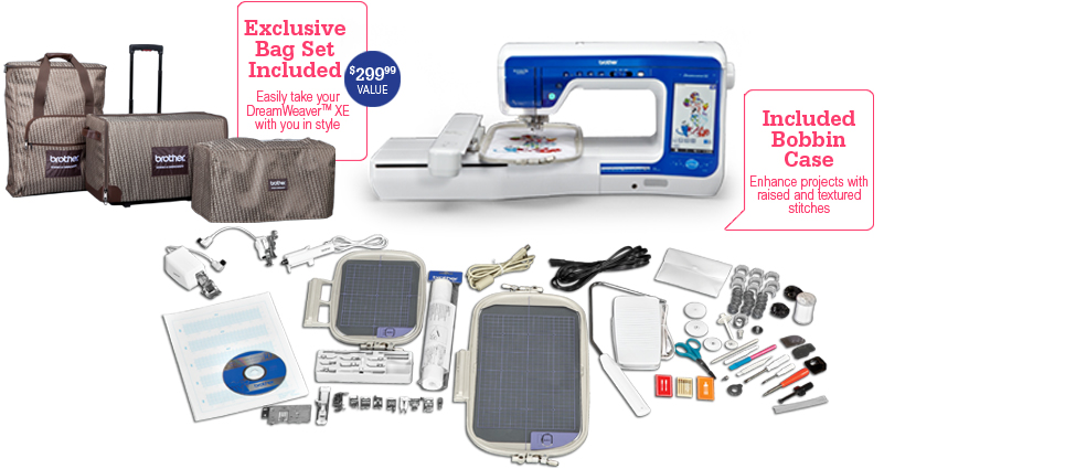 Exclusive Bag Set Included: Easily take your DreamWeaver XE with you in style; Included Bobbin Case: Enhance projects with raised and textured stitches