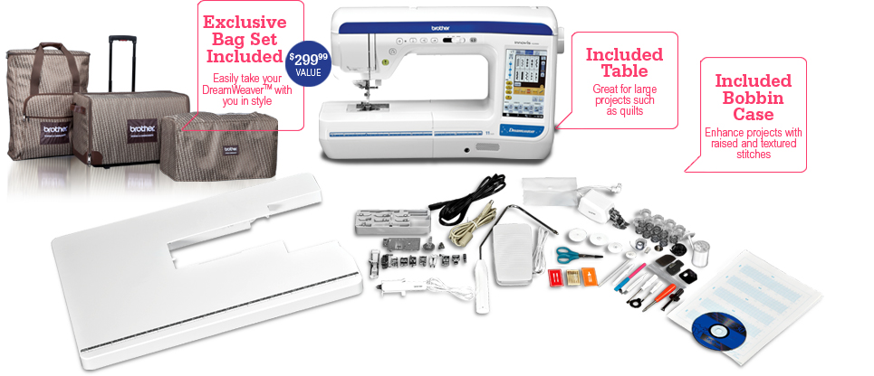 Exclusive Bag Set Included: Easily take your DreamWeaver&trade; with you in style; Included Table Great for large projects such as quilt; Included Bobbin Case: Enhance projects with raised and textured stitches