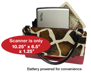 Scanner is only 10.25" x 6.5" x 1.25". Battery powered for convenience.