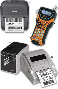 A. RuggedJet&trade; RJ-4030 4" mobile thermal printer B. P-touch EDGE PT-7600 labeling system C. P-touch PT-9800PCN label printing system D. TD-4000 barcode and label printing sytem