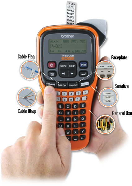 PT-E100 easy-to-use labelor for cable flagging, cable wrapping, faceplate labeling, serialized labels and many more general labeling uses.