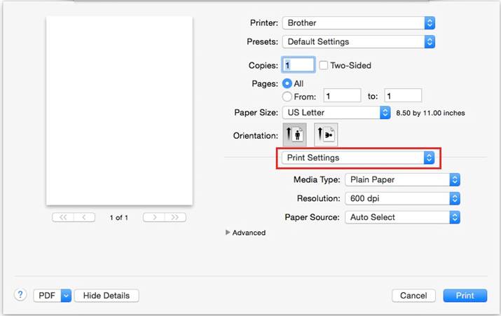 brother printer settings mac