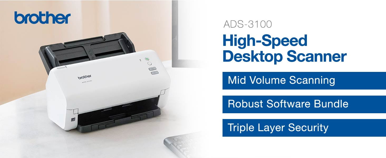 Brother ADS3100 HighSpeed Desktop Scanner: Mid Volume Scanning, Robust Software Bundle, Triple Layer Security