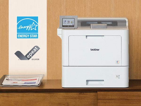 Printer on desk with Energy Star Certified and Epeat Silver icons