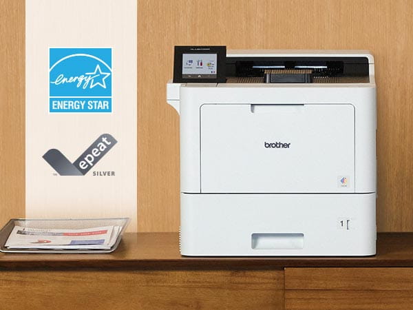 Printer on desk with Energy Star Certified and Epeat Silver icons