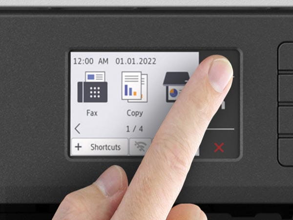 Person using color touchscreen to select auto document feeder or scan glass function - Fax, Copy, or Scan