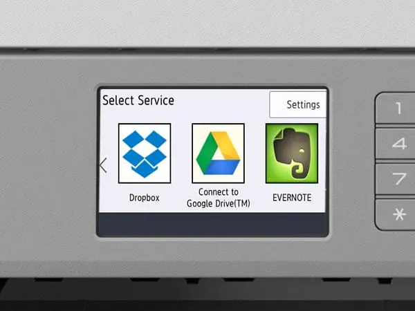 Close-up of printer's touchscreen showing Dropbox, Google Drive, and Evernote cloud apps