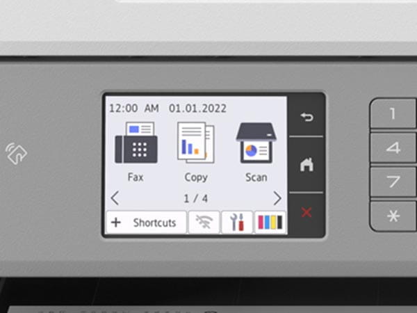 Close-up of printer's touchscreen showing Dropbox, Google Drive, and Evernote cloud apps