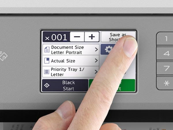 Close-up of printer's touchscreen showing custom shortcut menu