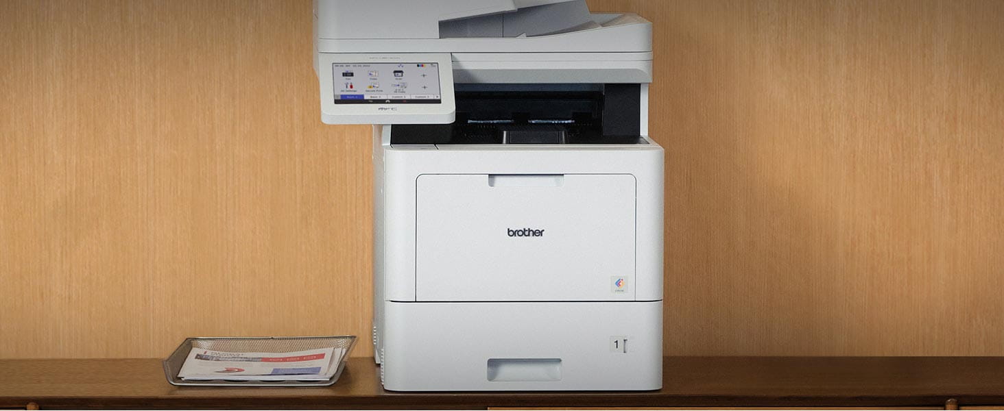 Multifunction printer on office shelf