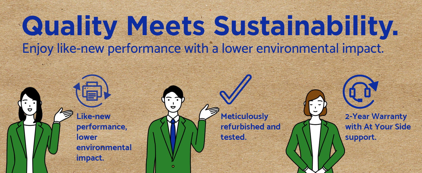 Brother Refurbished Printers: Quality Meets Sustainability. Enjoy like-new performance with a lower environmental impact, meticulously refurbished and tested machines, 2-year warranty with At Your Side Support