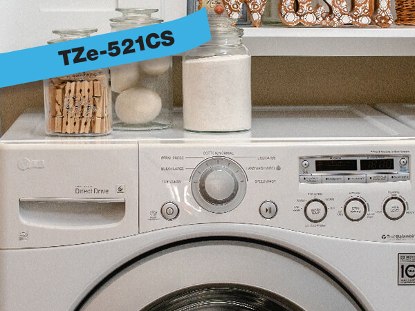 Brother P-touch TZe laminated label tapes on storage jars in laundry room