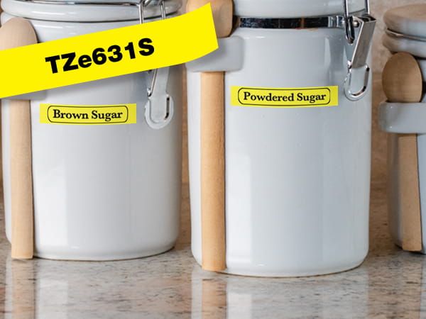 Brother P-touch TZe laminated label tapes on storage jars