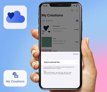 Upload screen with cloud icon and design preview.