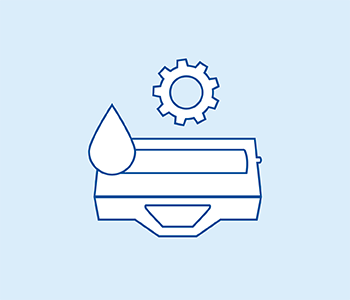 White settings icon, and ink and toner icons on blue background