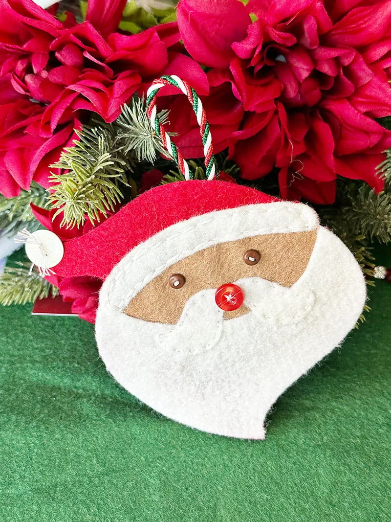 Santa felt ornament in front of red flowers
