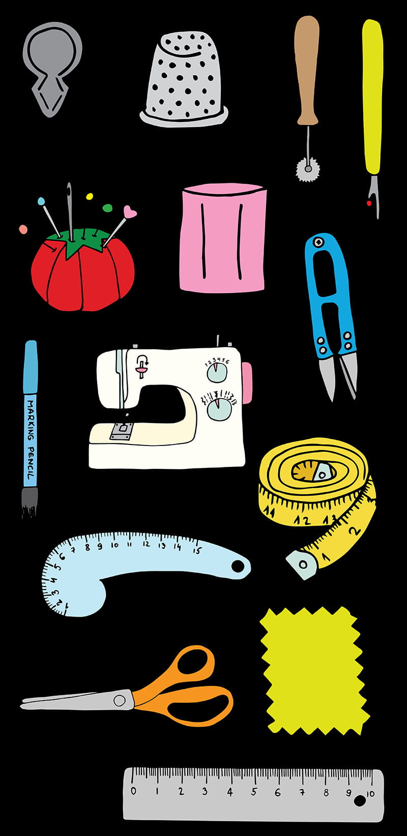 A variety of clip art on a black background, including tape measure, sewing machine, marking pencil, scissors 