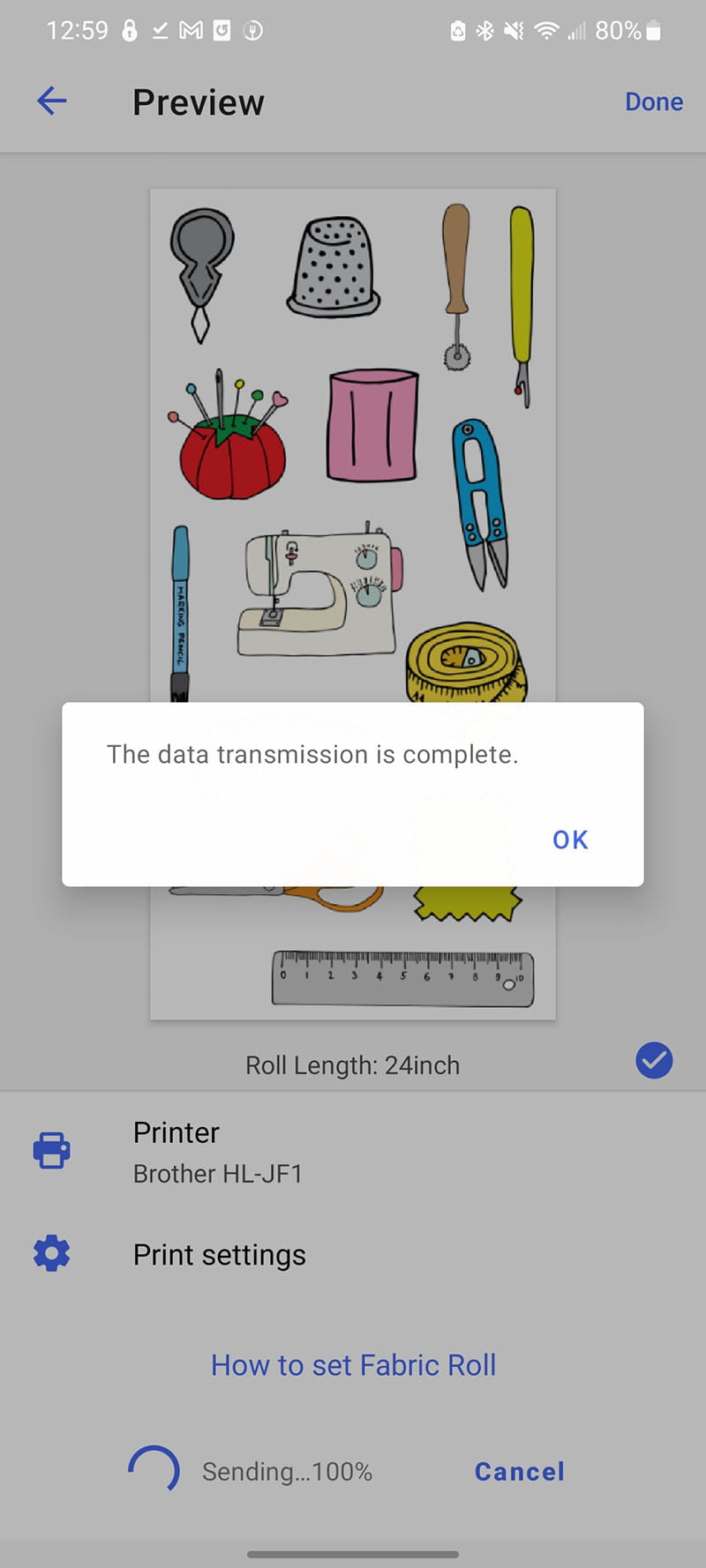 Artspira app view showing a message that data transmission is complete