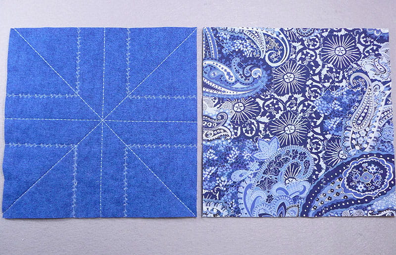 Side by side view of square fabrics one stiched in a plus pattern and the other with blue graphics in it