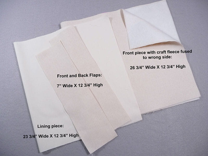 Labeled fabric pieces on a gray background