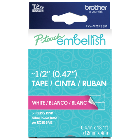 

Brother P-Touch Embellish White Print on Berry Pink Laminated Tape 12mm (~1/2") x 4m