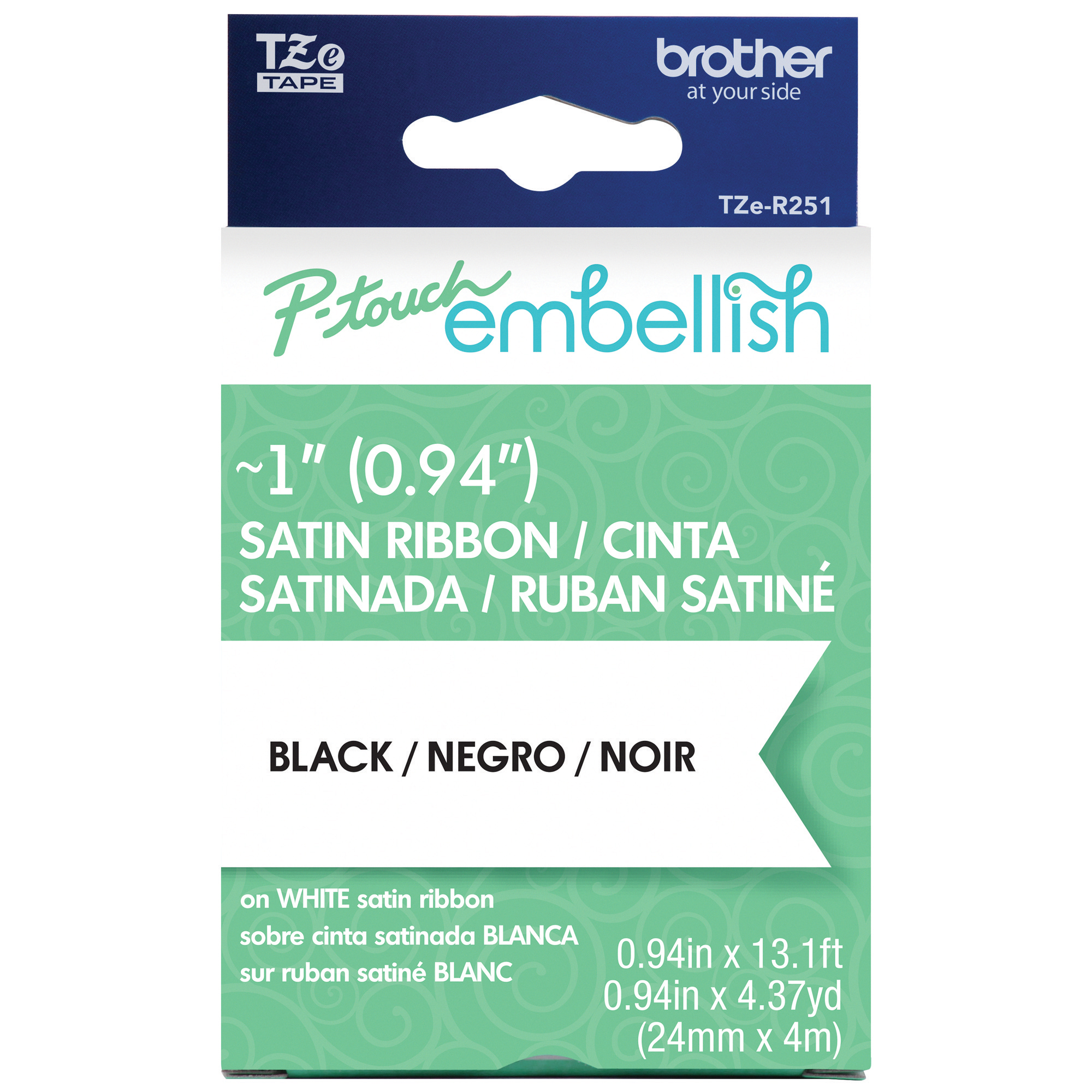 

Brother P-Touch Embellish Black Print on White Satin Ribbon ~1" (24mm) x 13.1' (4m)