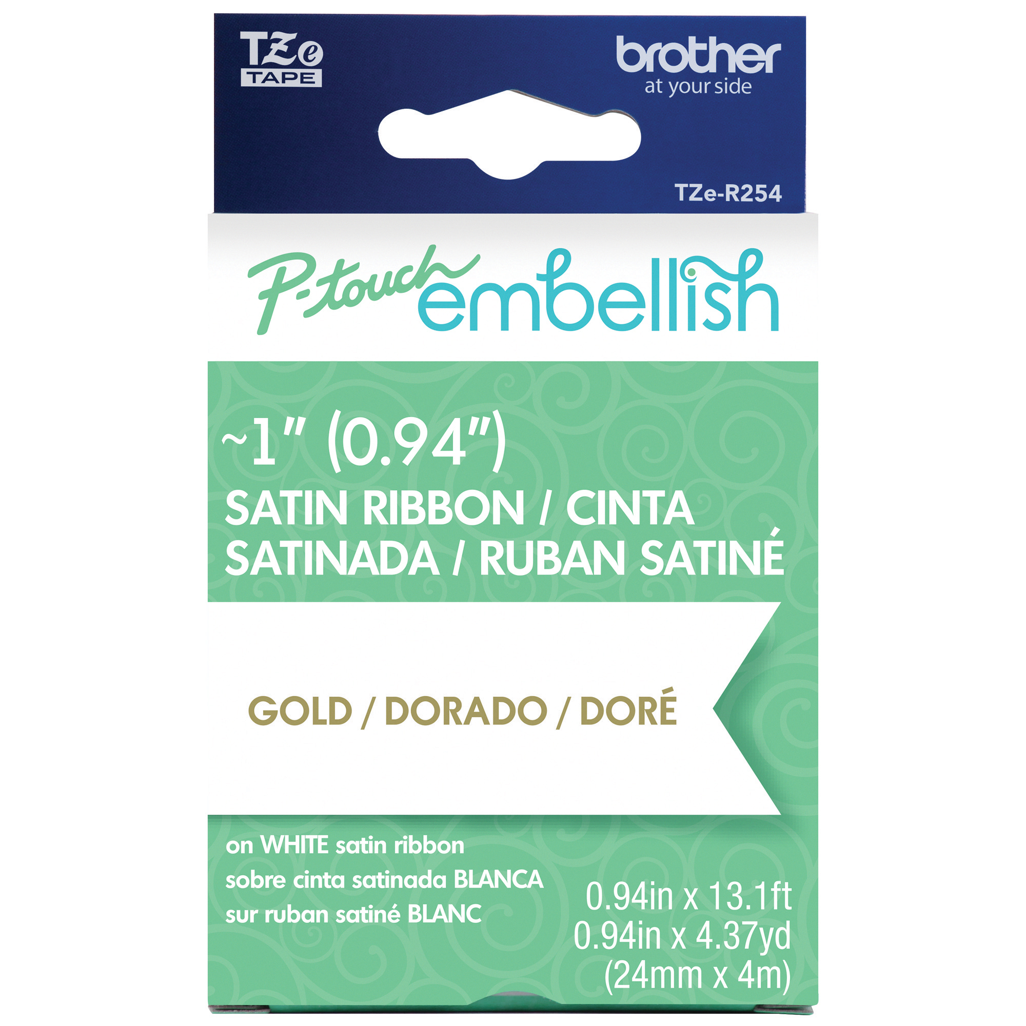 

Brother P-Touch Embellish Gold Print on White Satin Ribbon ~1" (24mm) x 13.1’ (4m)