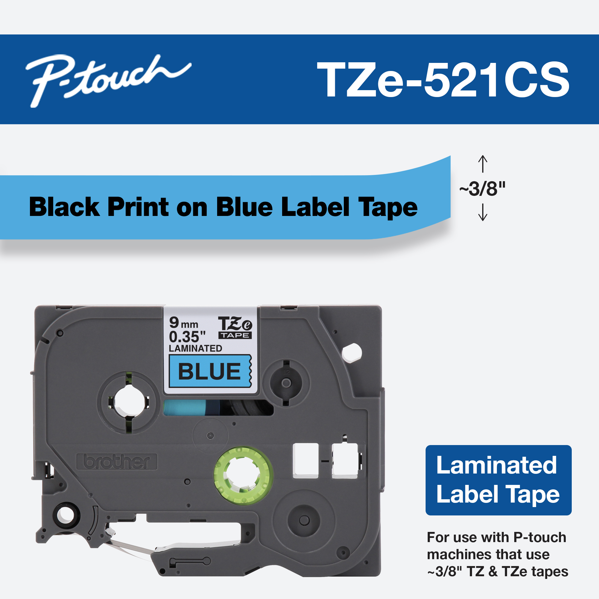 TZ TZe For Brother 521 Black on Blue Label Tape Compatible 26 ft 9mm 3/8" 