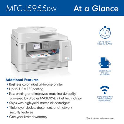 Brother MFC-J6955DW INKvestment Tank Color Inkjet All-in-One Printer with  Wireless, Duplex Printing, 11” x 17” Scan Glass and Up to 1-Year of Ink