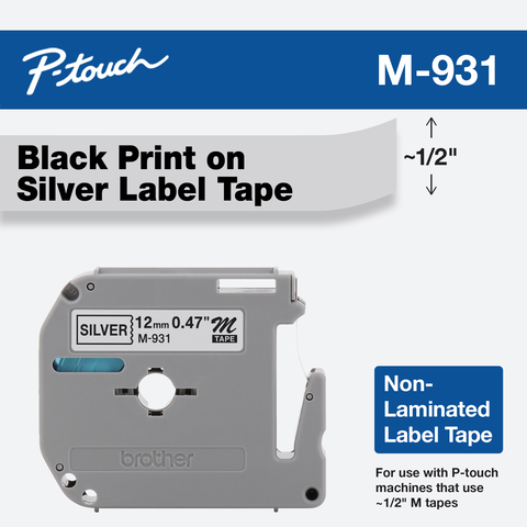

Brother P-Touch 12mm (0.47") Black on Silver Non-Laminated tape 8m (26.2 ft)
