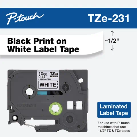 BROTHER TZE231 NERO BIANCO CASSETTA NASTRO 12mm 8m etichette P-Touch ORIGINALE TZE-231. 