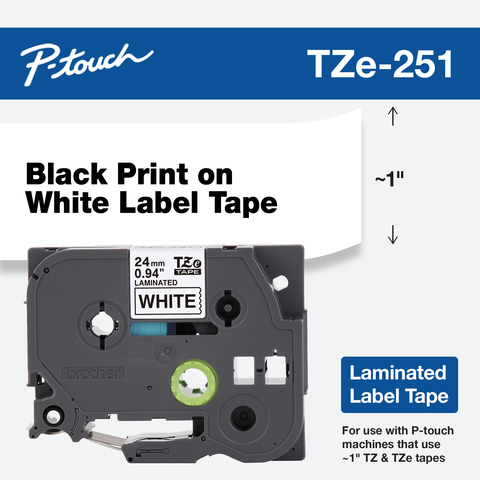 Équivalent à Brother P-touch 24mm TZe-251 Noir sur Blanc Ruban Laminée Standard TZe251 8m 5-Pack 