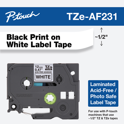 Brother P-touch TZEAF231  12mm Black on White Laminated Acid-Free