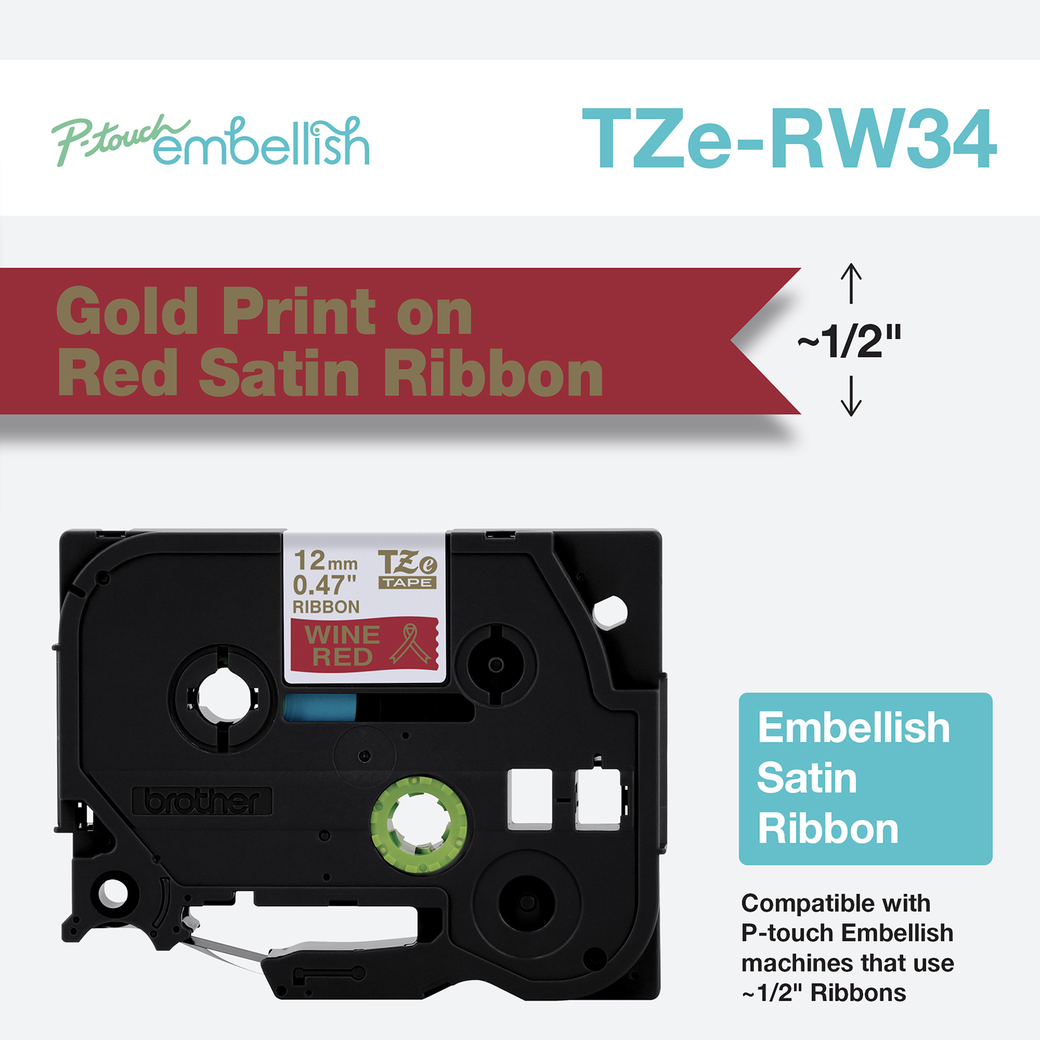 Details about   3PK Embellish Satin Ribbon Label Tape Gold on Red for Brother TZe-RW34 TZ-RW34 