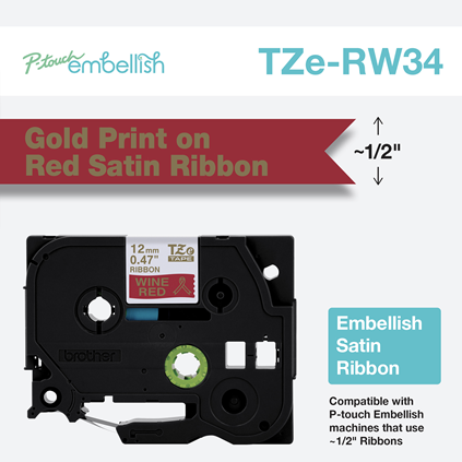 Brother P-touch TZERW34  12mm Gold on Wine Red Embellish Satin Ribbon