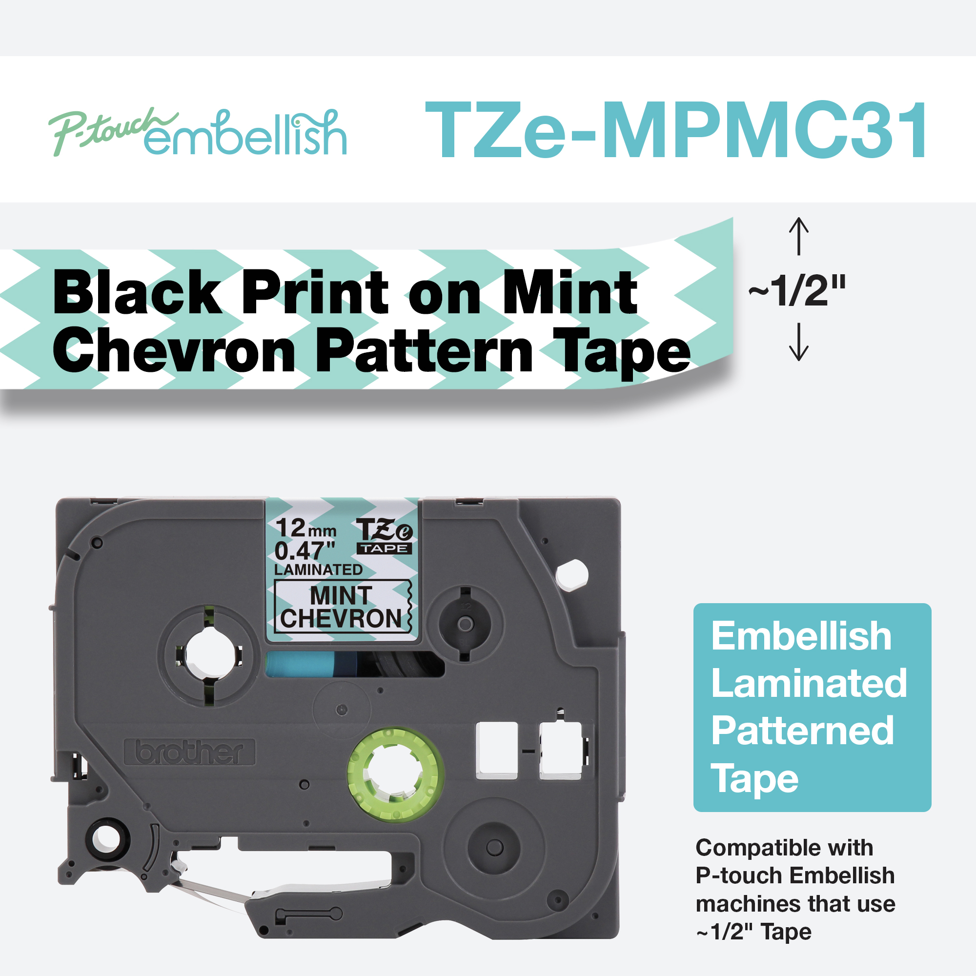 

Brother P-Touch Embellish Black on Mint Chevron Pattern Tape 12mm (~1/2") x 4m
