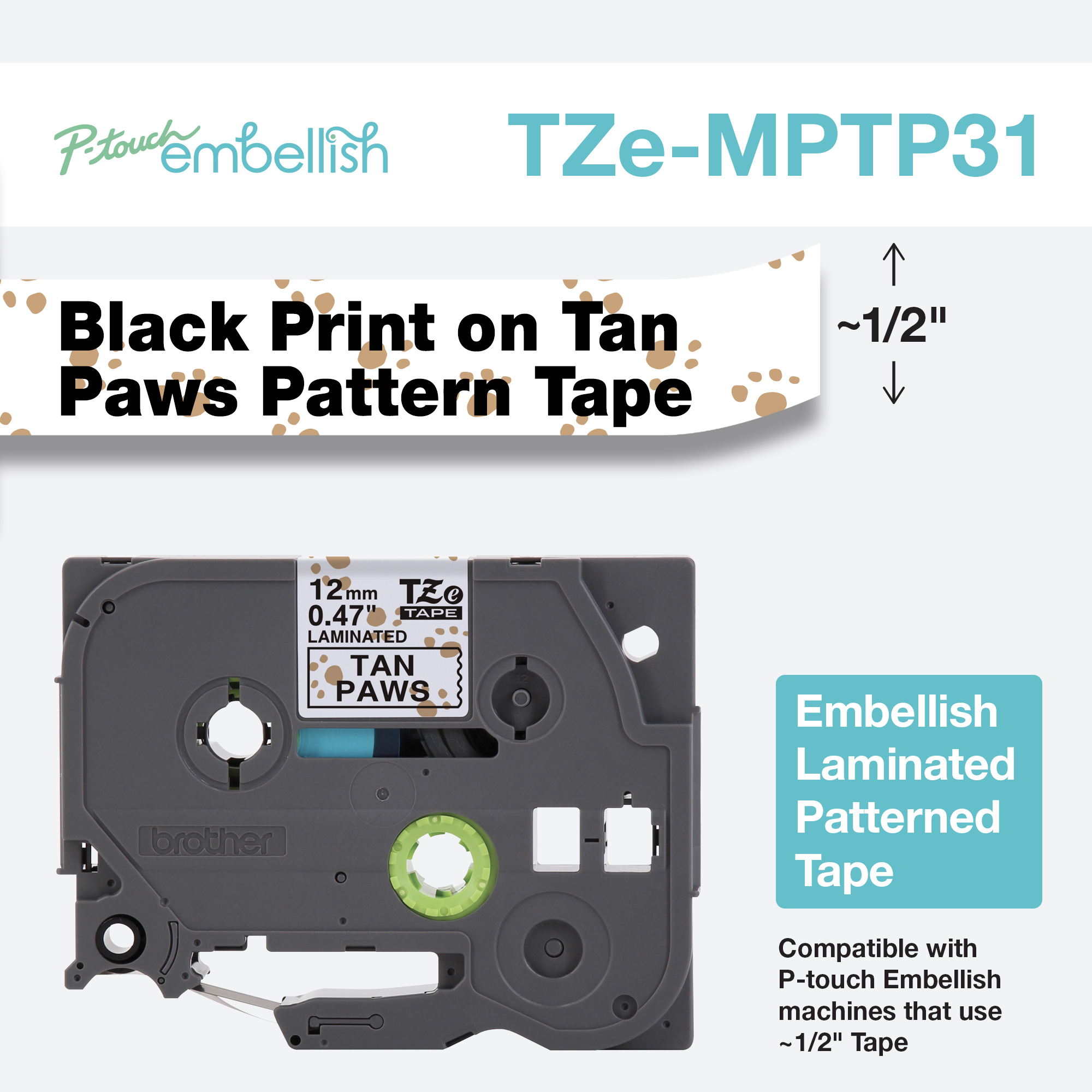 

Brother P-Touch Embellish Black on White with Tan Paws Pattern Tape 12mm (~1/2") x 4m