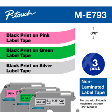 

Brother P-Touch (1 Each) 9mm (0.35") Black on Pink, Black on Green, Black on Silver Non-Laminated tape 8m (26.2 ft) each