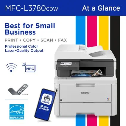 Brother MFC-L3780CDW At a Glance: Best for Small Business, Print/Copy/Scan/Fax, Professional Laser-Quality Output. Wireless connectivity, NFC, Brother Mobile Connect app, EPEAT Silver rated and ENERGY STAR compliant