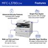 Brother MFC-L3780CDW Features: Advanced security features including NFC badge authentication; Single-pass duplex copy & scan with 50-page auto document feeder; Walk-up print and scan with USB host – for use in a hurry; Versatile paper handling 30-page multipurpose tray plus optional lower tray