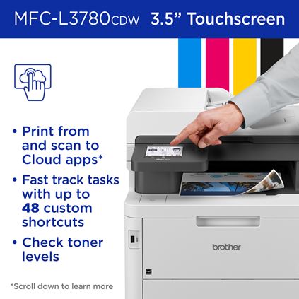 Brother MFC-L3780CDW 3.5” Touchscreen: Print from and scan to Cloud apps, Fast track tasks with up to 48 custom shortcuts, check toner levels