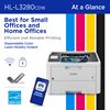 Brother HL-L3280CDW At a Glance: Best for Small Offices and Home Offices, Efficient and Reliable Printing, Dependable Color Laser-Quality Output. Wireless connectivity, Advanced Security, Brother Mobile Connect app, EPEAT Silver rated and ENERGY STAR compliant 