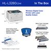 Brother HL-L3280CDW In the Box: Wireless digital color printer with laser-quality output (15.7” W x 15.7” D x 10.8” H), 1-year limited warranty, black toner cartridge (1,000 pages), color toner cartridges (1,000 pages each), drum unit, quick setup guide, product safety guide, reference guide, warranty card 