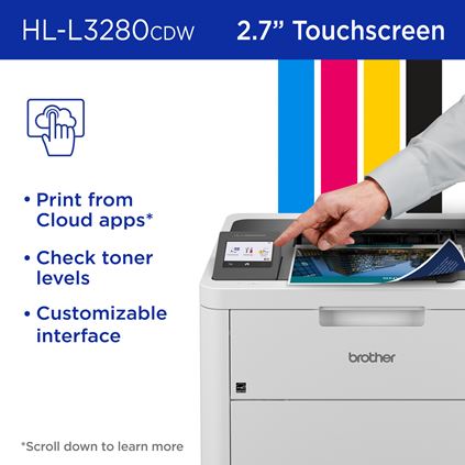 Brother HL-L3280CDW 2.7” Touchscreen: Print from Cloud apps, check toner levels, customizable interface 