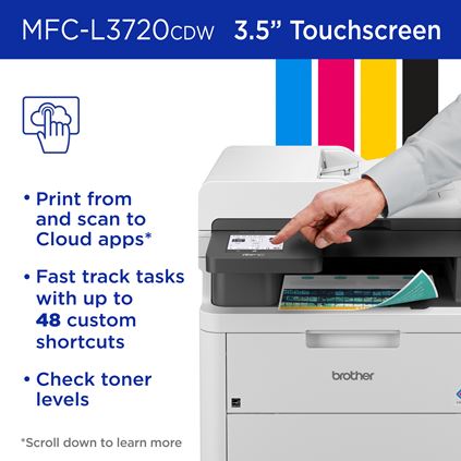 Brother MFC-L3720CDW 3.5” Touchscreen: Print from and scan to Cloud apps, Fast track tasks with up to 48 custom shortcuts, check toner levels