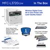 Brother MFC-L3720CDW In the Box: Wireless digital color printer with laser-quality output (17.5” W x 16.1” D x 15.8” H), 1-year limited warranty, black toner cartridge (1,000 pages), color toner cartridges (1,000 pages each), drum unit, quick setup guide, product safety guide, reference guide, warranty card, telephone line cord 