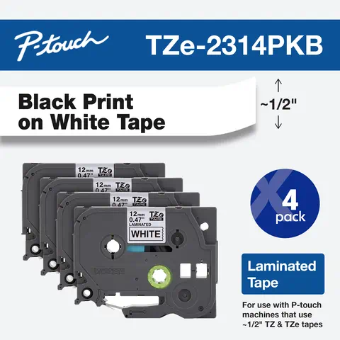 

Brother P-Touch Black Print on White Laminated Label Tape Label Maker, 12mm (0.47") wide x 8m (26.2’) long, 4 pack