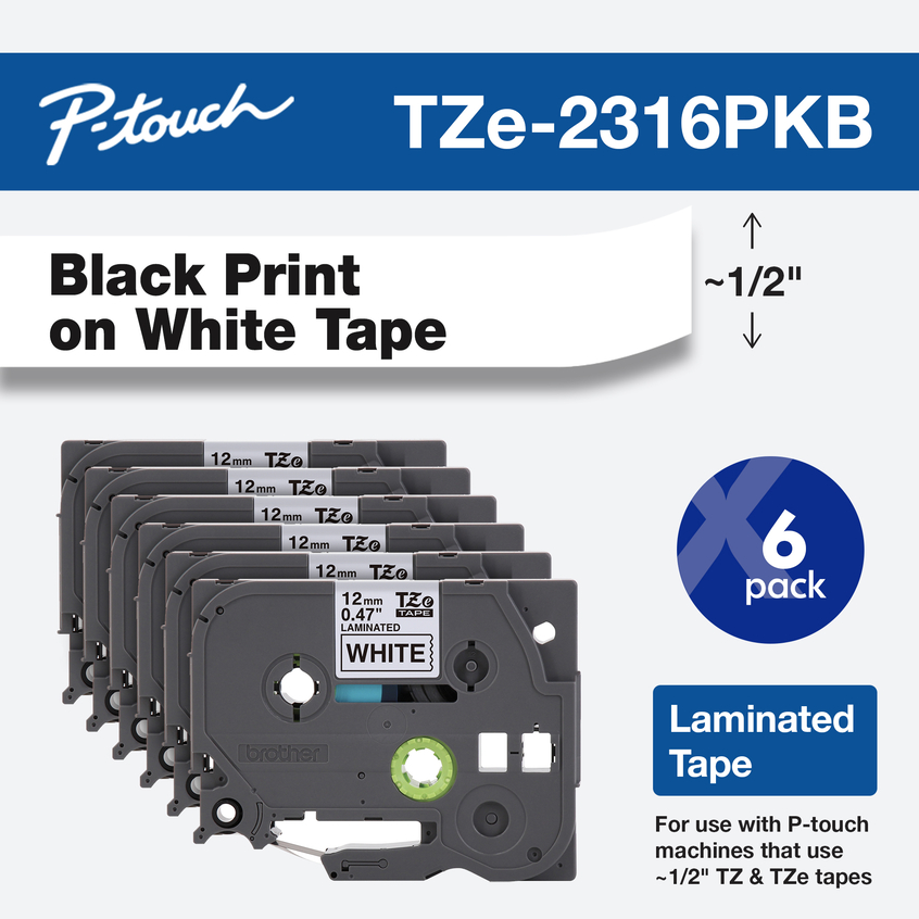 

Brother P-Touch Black Print on White Laminated Label Tape Label Maker, 12mm (0.47") wide x 8m (26.2’) long, 6 pack